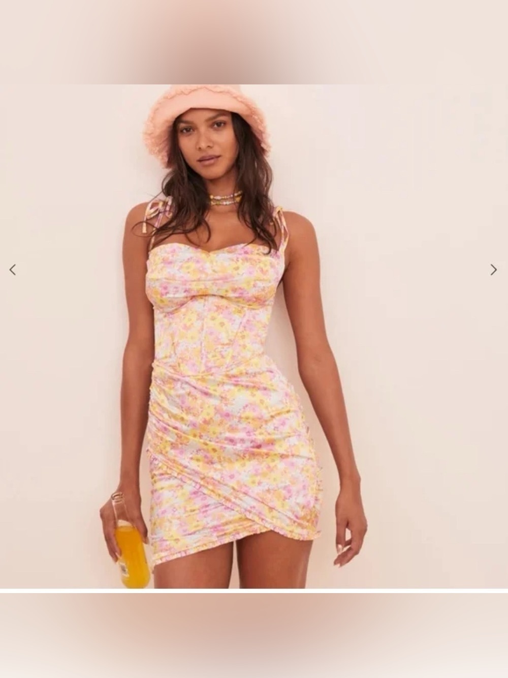 For Love and Lemons Pastel Punch Mini Corset Dress In Pink Yellow Floral Medium